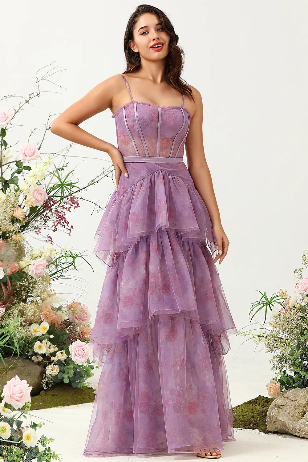 Abito da damigella d'onore corsetto con corsetto in tulle viola