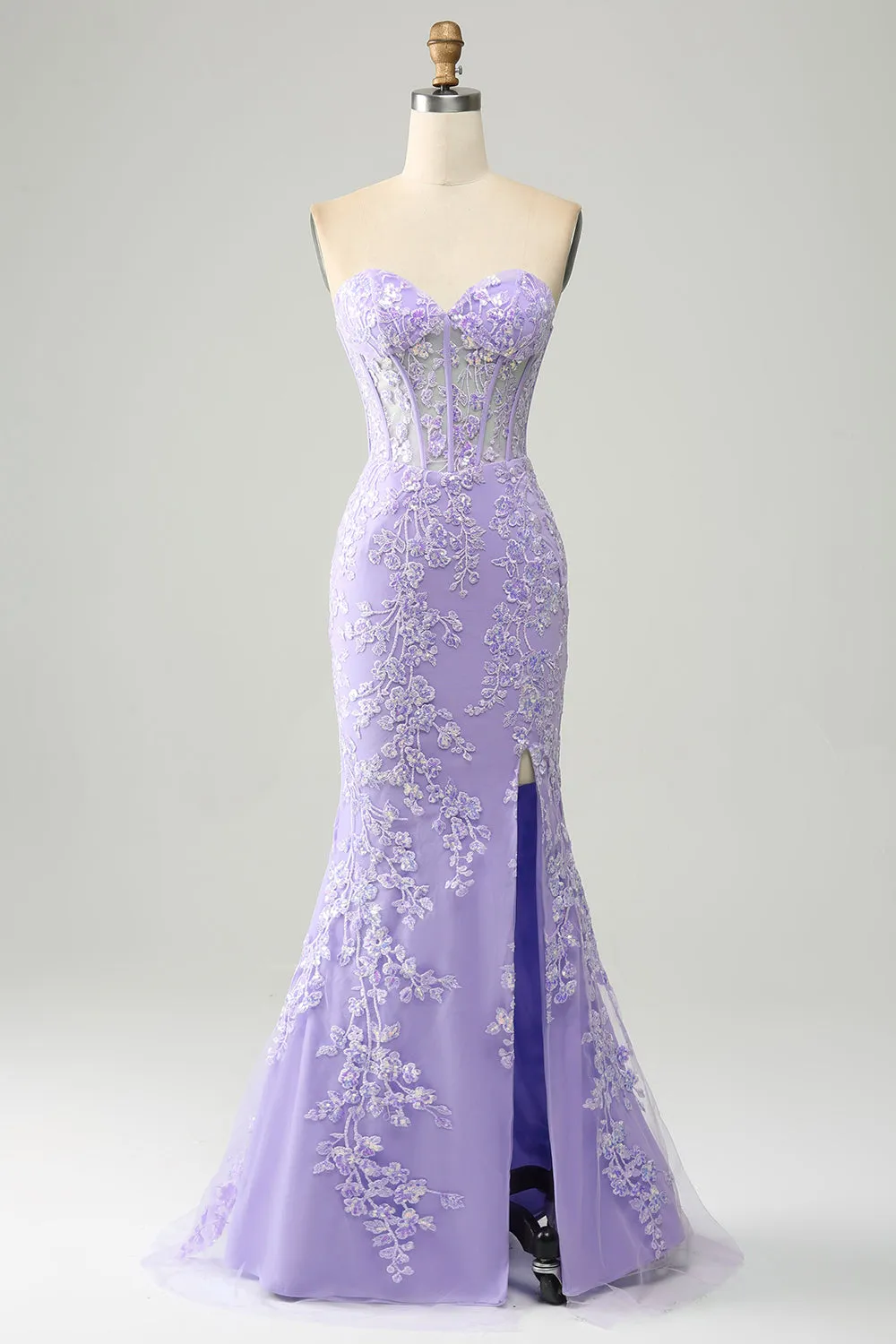 Lilla sirena Sweetheart Corsetto Appliques Prom Dress con fessura laterale