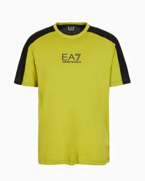 T-shirt gialla mezza manica con banda in contrasto sulle spalle e logo piccolo stampato